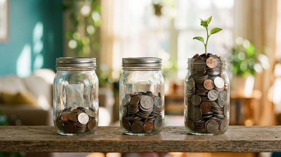 Three glass jars of coins with a green sprout symbolising long-term wealth growth