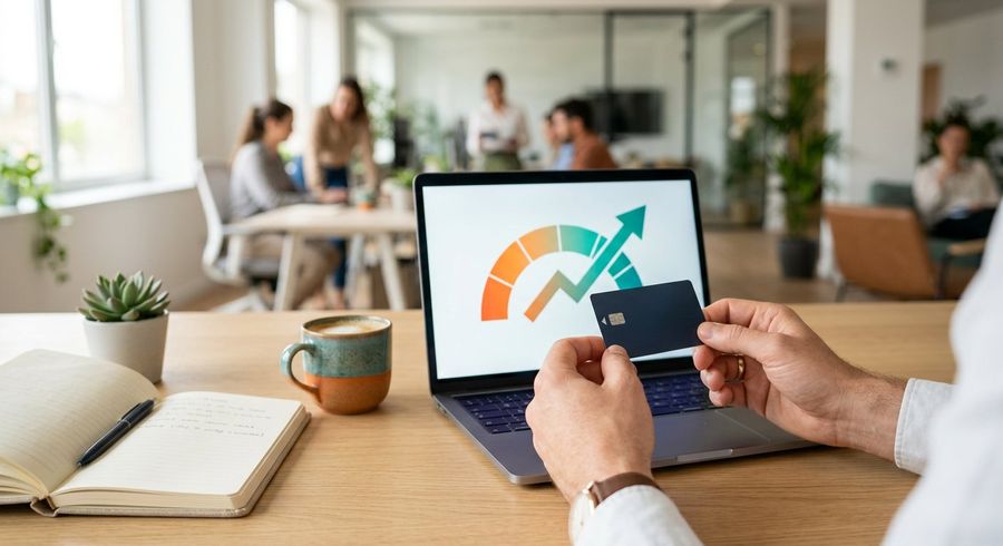 Hands holding a credit card next to a laptop showing a rising credit score gauge