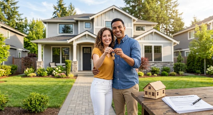 Happy couple holding keys in front of their new home after mortgage approval