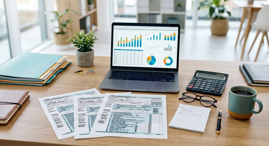 Accountant desk with tax forms, calculator and laptop for tax advisory work